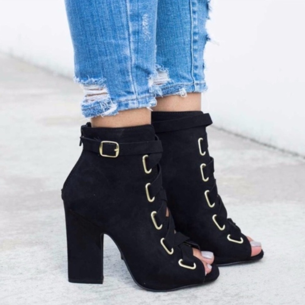 KELLY✨ lace up peep toe block heel shoes black - Picture 3 of 4
